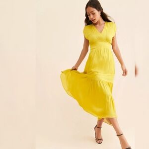 Du Paradis Anthropologie Tiered Satin Maxi Dress‎ Yellow Women's Size Medium